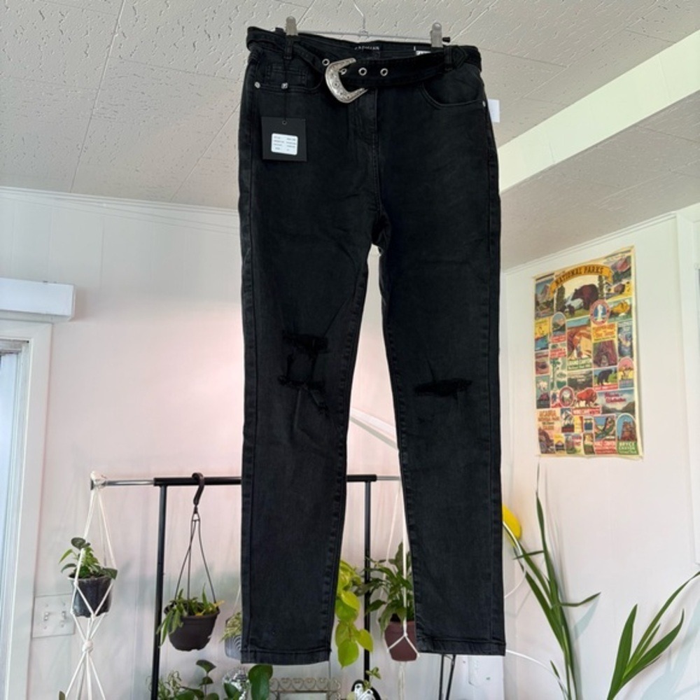 Parisian Skinny Jeans Womens 14 Charcoal Black New Distressed Western Belted